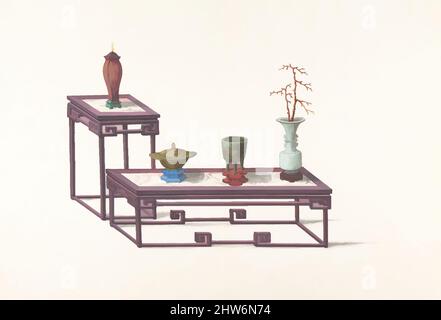 Art inspired by Two Tables with a Purple Finish, One with a Red Vase, the Other with Three Vases, 19th century, Pen and ink and gouache, Overall: 14 1/8 x 18 3/8 in. (35.9 x 46.7 cm), Drawings, Anonymous, Chinese, 19th century, Classic works modernized by Artotop with a splash of modernity. Shapes, color and value, eye-catching visual impact on art. Emotions through freedom of artworks in a contemporary way. A timeless message pursuing a wildly creative new direction. Artists turning to the digital medium and creating the Artotop NFT Stock Photo