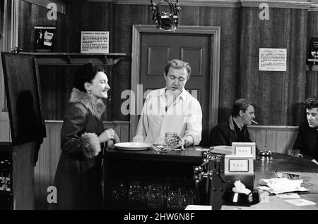 The cast of 'Coronation Street' on set. Eileen Derbyshire is pictured in the Rovers Return. 16th April 1968. Stock Photo