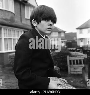 Child actor Jack Wild, who played the role of the Artful Dodger in the 1968 film 'Oliver!'. Pictured outside his home in Hounslow. 30th September 1968. Stock Photo