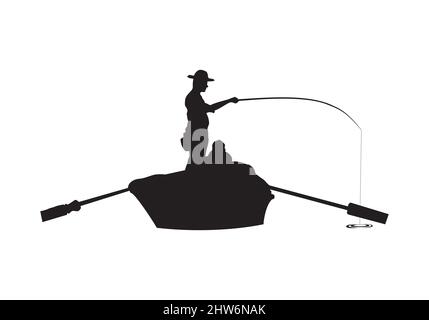 Fisherman fishing on the boat silhouette design illustration vector eps format , suitable for your design needs, logo, illustration, animation, etc. Stock Vector