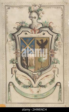 Art inspired by Coat of Arms Surmounted by a Plumed Helmet, 18th century, Pen and ink, brush and bodycolor, on vellum, sheet: 12 5/16 x 8 1/4 in. (31.2 x 21 cm), Drawings, Anonymous, Spanish, 18th century, Classic works modernized by Artotop with a splash of modernity. Shapes, color and value, eye-catching visual impact on art. Emotions through freedom of artworks in a contemporary way. A timeless message pursuing a wildly creative new direction. Artists turning to the digital medium and creating the Artotop NFT Stock Photo