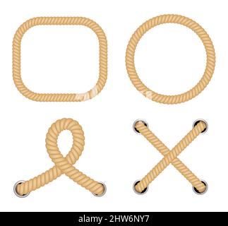 Nautical loops. Vector knots for rope. Realistic knot round and square borders. Marine ropes Stock Vector