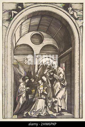 Art inspired by The Holy Family with Two Angels in a Vaulted Hall, ca. 1503, Woodcut, sheet: 8 5/8 x 6 in. (21.9 x 15.2 cm), Prints, Albrecht Dürer (German, Nuremberg 1471–1528 Nuremberg, Classic works modernized by Artotop with a splash of modernity. Shapes, color and value, eye-catching visual impact on art. Emotions through freedom of artworks in a contemporary way. A timeless message pursuing a wildly creative new direction. Artists turning to the digital medium and creating the Artotop NFT Stock Photo