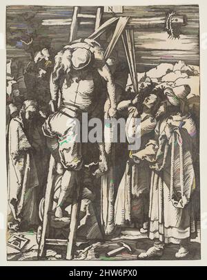 Art inspired by The Descent from the Cross, from The Small Passion, ca. 1509, Woodcut, sheet: 5 1/16 x 3 13/16 in. (12.8 x 9.7 cm), Prints, Albrecht Dürer (German, Nuremberg 1471–1528 Nuremberg, Classic works modernized by Artotop with a splash of modernity. Shapes, color and value, eye-catching visual impact on art. Emotions through freedom of artworks in a contemporary way. A timeless message pursuing a wildly creative new direction. Artists turning to the digital medium and creating the Artotop NFT Stock Photo
