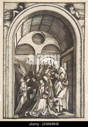 Art inspired by The Holy Family with Two Angels in a Vaulted Hall, ca. 1503, Woodcut, sheet: 8 1/2 x 5 15/16 in. (21.5 x 15.1 cm), Prints, Albrecht Dürer (German, Nuremberg 1471–1528 Nuremberg, Classic works modernized by Artotop with a splash of modernity. Shapes, color and value, eye-catching visual impact on art. Emotions through freedom of artworks in a contemporary way. A timeless message pursuing a wildly creative new direction. Artists turning to the digital medium and creating the Artotop NFT Stock Photo