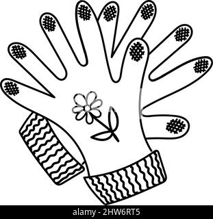Gardening gloves, a hand-drawn doodle-style element. Clothing for working in the garden. Rubber gloves. Simple vector in linear style for logos, icons Stock Vector