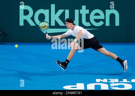 Marton Fucsovics, of Hungary, plays a shot to Gabriel Diallo, of Canada