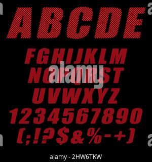 Alphabet, letters, numbers and signs from red stripes. Isolated vector objects on a black background. Stock Vector