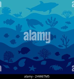 Underwater illustration with animals, fish and corals. Marine vector background. Stock Vector