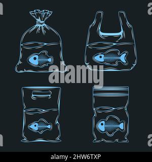 Set of blue illustrations with shadow from plastic bags, packaging with fish and skeletons. Isolated vector objects on a black background. Stock Vector