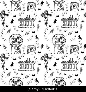 Seamless pattern with mill, flour and scarecrow, hand-drawn doodle-style elements. Kid-inspired background with cute animals, a stuffed animal, and a Stock Vector