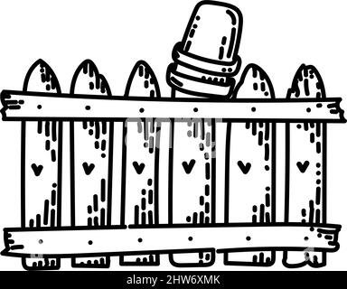 Fence, hand-drawn doodle-style element. Pots on the cogs of the fence. Wooden fence. Village. Fence. Simple vector in linear style for logos, icons an Stock Vector
