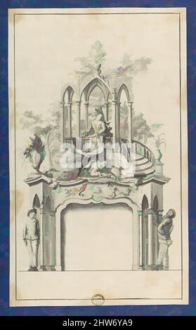Art inspired by Fireplace Flanked by Commedia dell'arte Figures with Overmantle Showing a Gothic Gazebo, in Chippendale Drawings, Vol. I, ca. 1753–54, Black ink, gray ink, gray wash, sheet: 11 7/16 x 6 7/8 in. (29.1 x 17.5 cm), Thomas Chippendale (British, baptised Otley, West, Classic works modernized by Artotop with a splash of modernity. Shapes, color and value, eye-catching visual impact on art. Emotions through freedom of artworks in a contemporary way. A timeless message pursuing a wildly creative new direction. Artists turning to the digital medium and creating the Artotop NFT Stock Photo