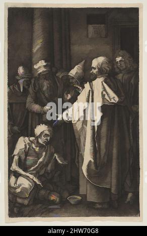 Art inspired by Saint Peter and Saint John at the Gate of the Temple, from The Passion, 1513, Engraving, Sheet: 4 3/4 × 3 1/16 in. (12 × 7.7 cm), Prints, Albrecht Dürer (German, Nuremberg 1471–1528 Nuremberg, Classic works modernized by Artotop with a splash of modernity. Shapes, color and value, eye-catching visual impact on art. Emotions through freedom of artworks in a contemporary way. A timeless message pursuing a wildly creative new direction. Artists turning to the digital medium and creating the Artotop NFT Stock Photo