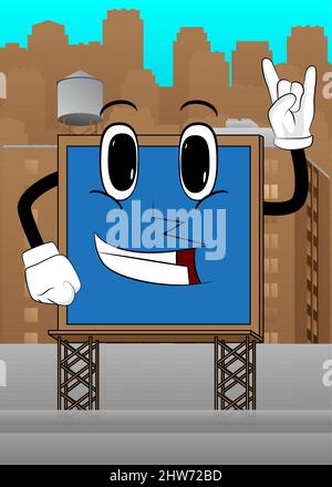 Billboard with hands in rocker pose. Cute cartoon advertisement sign, banner character. Stock Vector