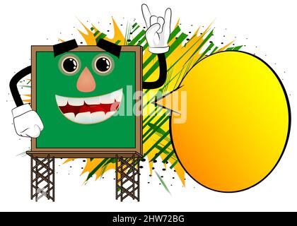 Billboard with hands in rocker pose. Cute cartoon advertisement sign, banner character. Stock Vector