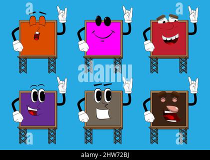 Billboard with hands in rocker pose. Cute cartoon advertisement sign, banner character. Stock Vector
