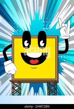 Billboard with hands in rocker pose. Cute cartoon advertisement sign, banner character. Stock Vector