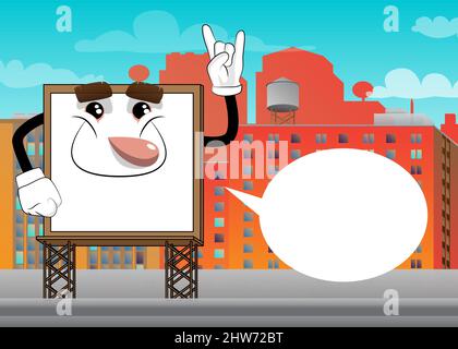 Billboard with hands in rocker pose. Cute cartoon advertisement sign, banner character. Stock Vector