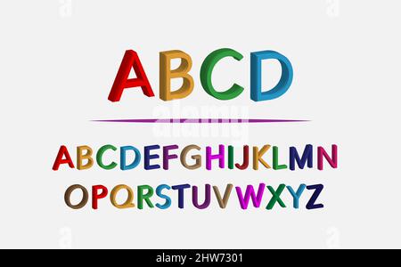 3D alphabet colorful font style. Fun Colored letters design isolated on a white  background. Back to school concept. Vector illustration. Stock Vector