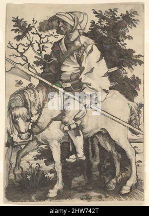 Art inspired by Halberdier on Horseback, early 16th century, Engraving, Sheet: 2 3/8 × 1 3/4 in. (6.1 × 4.4 cm), Prints, Barthel Beham (German, Nuremberg ca. 1502–1540 Italy, Classic works modernized by Artotop with a splash of modernity. Shapes, color and value, eye-catching visual impact on art. Emotions through freedom of artworks in a contemporary way. A timeless message pursuing a wildly creative new direction. Artists turning to the digital medium and creating the Artotop NFT Stock Photo