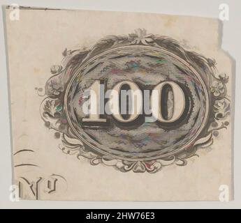 Art inspired by Banknote motif: the number 100 against an ornamental lathe work oval resembling woven rope with a border of grain, flowers and berries, ca. 1824–42, Engraving and etching, sheet: 1 3/8 x 1 9/16 in. (3.5 x 4 cm), Prints, Associated with Cyrus Durand (American, 1787–1868, Classic works modernized by Artotop with a splash of modernity. Shapes, color and value, eye-catching visual impact on art. Emotions through freedom of artworks in a contemporary way. A timeless message pursuing a wildly creative new direction. Artists turning to the digital medium and creating the Artotop NFT Stock Photo