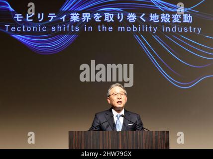 Tokyo, Japan. 4th Mar, 2022. Japan's automobile giant Honda Motor president Toshihiro Mibe announces Honda ties up with electronics giant Sony Group in the electric vehicle business at the Sony headquarters in Tokyo on Friday, March 4, 2022. Sony and Honda agreed a strategic alliance in mobility field and will form a joint venture for electric vehicles in 2025. Credit: Yoshio Tsunoda/AFLO/Alamy Live News Stock Photo