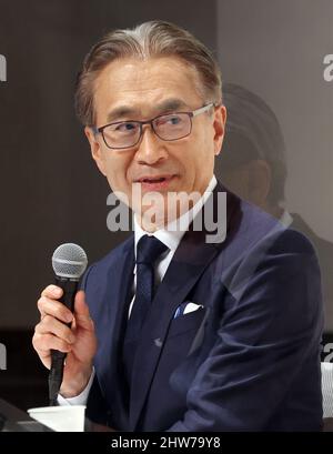 Tokyo, Japan. 4th Mar, 2022. Japan's electronics giant Sony Group president Kenichiro Yoshida announces Sony ties up with automobile giant Honda Motor in the electric vehicle business at the Sony headquarters in Tokyo on Friday, March 4, 2022. Sony and Honda agreed a strategic alliance in mobility field and will form a joint venture for electric vehicles in 2025. Credit: Yoshio Tsunoda/AFLO/Alamy Live News Stock Photo