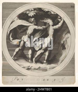 Art inspired by Apollo pursuing Daphne, whose toes take the form of tree roots, a round composition, reverse copy after a series of engravings by Cherubino Alberti of mythological scenes after Polidoro da Caravaggio, ca. 1550–1600, Engraving, sheet: 6 5/16 x 5 9/16 in. (16 x 14.2 cm, Classic works modernized by Artotop with a splash of modernity. Shapes, color and value, eye-catching visual impact on art. Emotions through freedom of artworks in a contemporary way. A timeless message pursuing a wildly creative new direction. Artists turning to the digital medium and creating the Artotop NFT Stock Photo