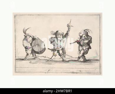 Art inspired by Callot figures; a dwarf man playing the drum at left, a beefeater in center, a flute player to right,'Six grotesques' (Six pièces de figures grotesques), 1684, Etching, plate: 5 3/8 x 7 11/16 in. (13.6 x 19.6 cm), Prints, Agostino Mitelli II (Italian, 1671–1696), After, Classic works modernized by Artotop with a splash of modernity. Shapes, color and value, eye-catching visual impact on art. Emotions through freedom of artworks in a contemporary way. A timeless message pursuing a wildly creative new direction. Artists turning to the digital medium and creating the Artotop NFT Stock Photo