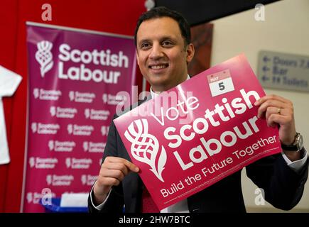 Scottish Labour leader Anas Sarwar holds a poster showing the new Scottish Labour logo during the Scottish Labour conference at Glasgow Royal Concert Hall. Picture date: Friday March 4, 2022. Stock Photo