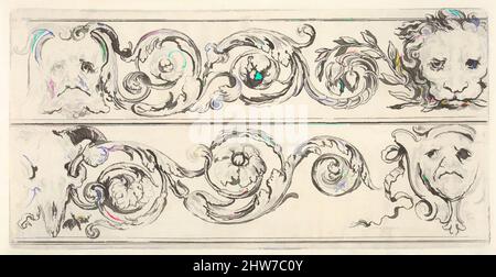 Art inspired by Plate 5: two friezes; at top, a grotesque head of an old man to left, a lion head to right, at bottom, a ram skull to left, a grotesque head of a man to right, from 'Friezes, foliage, and grotesques' (Frises, feuillages et grotesques), ca. 1638–43, Etching, Sheet: 2 9/, Classic works modernized by Artotop with a splash of modernity. Shapes, color and value, eye-catching visual impact on art. Emotions through freedom of artworks in a contemporary way. A timeless message pursuing a wildly creative new direction. Artists turning to the digital medium and creating the Artotop NFT Stock Photo