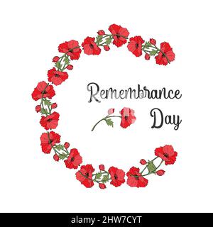 Remembrance Day poppy wreath card. So that we dont forget. Realistic red poppy flower - circle wreath of poppies, international symbol of peace. Vector illustration Stock Vector