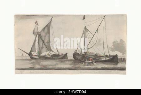 Art inspired by A Friesland Ketch and a Gelderse Keth,' from 'Various Ships and Views of Amsterdam, part II', Etching, sheet: 5 3/16 x 9 7/16 in. (13.1 x 24 cm), Prints, Reinier Nooms, called Zeeman (Dutch, Amsterdam ca. 1623–1664 Amsterdam, Classic works modernized by Artotop with a splash of modernity. Shapes, color and value, eye-catching visual impact on art. Emotions through freedom of artworks in a contemporary way. A timeless message pursuing a wildly creative new direction. Artists turning to the digital medium and creating the Artotop NFT Stock Photo