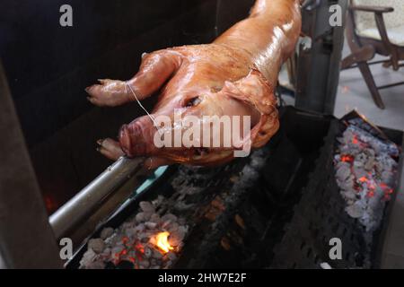 Pig is being grilled slowly on spit in traditional way, cooked with charcoal, fatty roasted meat Stock Photo