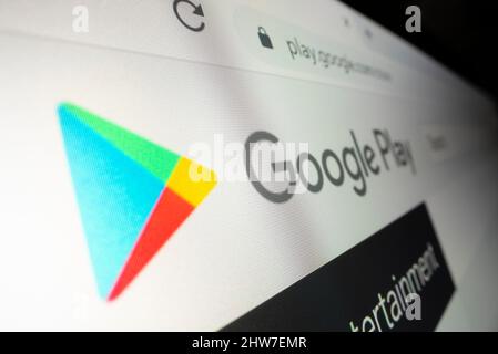 Melbourne, Australia - Feb 4, 2022: Close-up view of Google Play Store logo on its website, shot with macro probe lens Stock Photo