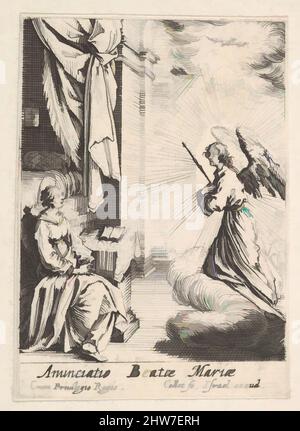 Art inspired by Annunciation, with angel approaching the seated Mary from the left, and the dove of the Holy Spirit above, ca. 1633–34, Etching; second state, sheet: 2 1/2 x 1 5/8 in. (6.4 x 4.1 cm), Prints, Jacques Callot (French, Nancy 1592–1635 Nancy, Classic works modernized by Artotop with a splash of modernity. Shapes, color and value, eye-catching visual impact on art. Emotions through freedom of artworks in a contemporary way. A timeless message pursuing a wildly creative new direction. Artists turning to the digital medium and creating the Artotop NFT Stock Photo