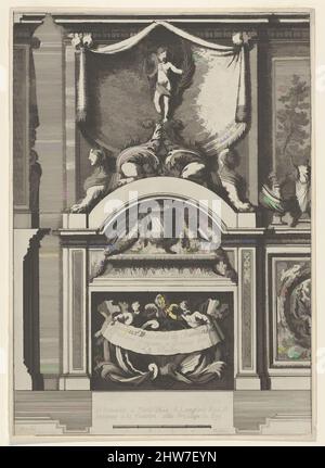 Art inspired by Design for a Fireplace Surmounted by Sphyxes and Cupid, Title Page from: Nouveaux dessins de cheminées à l'italienne, ca. 1640–82, Etching; first edition, sheet: 9 3/16 x 6 9/16 in. (23.4 x 16.7 cm), Jean Le Pautre (French, Paris 1618–1682 Paris, Classic works modernized by Artotop with a splash of modernity. Shapes, color and value, eye-catching visual impact on art. Emotions through freedom of artworks in a contemporary way. A timeless message pursuing a wildly creative new direction. Artists turning to the digital medium and creating the Artotop NFT Stock Photo