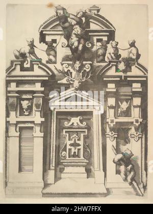 Art inspired by Design for an Architectural Structure with a Hunting Theme, Plate 74 from Dietterlin's Architettura, 1598, Etching, sheet: 13 1/2 x 9 3/16 in. (34.3 x 23.3 cm), Wendel Dietterlin, the Elder (German, Pfullendorf 1550/51–ca. 1599 Strasbourg, Classic works modernized by Artotop with a splash of modernity. Shapes, color and value, eye-catching visual impact on art. Emotions through freedom of artworks in a contemporary way. A timeless message pursuing a wildly creative new direction. Artists turning to the digital medium and creating the Artotop NFT Stock Photo