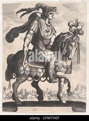 Art inspired by Plate 12: Emperor Domitian on horseback, from 'The First Twelve Roman Caesars' after Tempesta, 1610–50, Etching, Sheet: 11 13/16 × 9 1/16 in. (30 × 23 cm), Prints, Matthäus Merian the Elder (Swiss, Basel 1593–1650 Schwalbach), After Antonio Tempesta (Italian, Florence, Classic works modernized by Artotop with a splash of modernity. Shapes, color and value, eye-catching visual impact on art. Emotions through freedom of artworks in a contemporary way. A timeless message pursuing a wildly creative new direction. Artists turning to the digital medium and creating the Artotop NFT Stock Photo