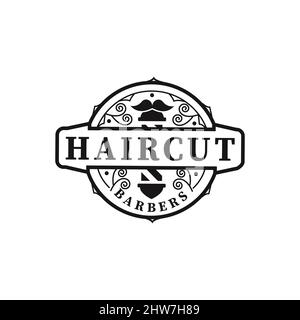 Vintage coat of arms haircut logo,Barbershop logo design Logo Vector Design,Beard shaving service. Manly Salon logo template. Stock Vector