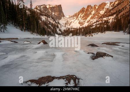 Dream Lake winter time Rocky Mountain Naitonal Park Stock Photo