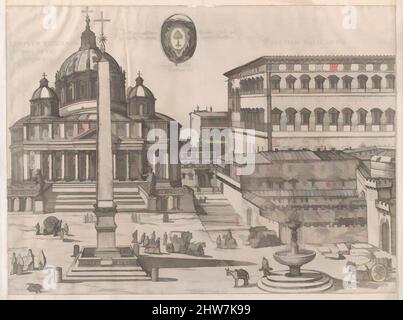 Art inspired by Speculum Romanae Magnificentiae: St. Peter's, 16th century, Engraving and etching, sheet: 17 7/8 x 22 1/16 in. (45.4 x 56 cm), Prints, Anonymous, Classic works modernized by Artotop with a splash of modernity. Shapes, color and value, eye-catching visual impact on art. Emotions through freedom of artworks in a contemporary way. A timeless message pursuing a wildly creative new direction. Artists turning to the digital medium and creating the Artotop NFT Stock Photo