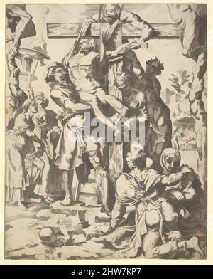 Art inspired by The Descent from the Cross, from The Fall and Salvation of Mankind through the Life and Passion of Christ, plate 27, 1548, Etching, Sheet: 9 9/16 x 7 5/8 in. (24.3 x 19.3 cm), Prints, Dirk Volckertsz Coornhert (Netherlandish, Amsterdam 1519/22–1590 Gouda), After Maarten, Classic works modernized by Artotop with a splash of modernity. Shapes, color and value, eye-catching visual impact on art. Emotions through freedom of artworks in a contemporary way. A timeless message pursuing a wildly creative new direction. Artists turning to the digital medium and creating the Artotop NFT Stock Photo