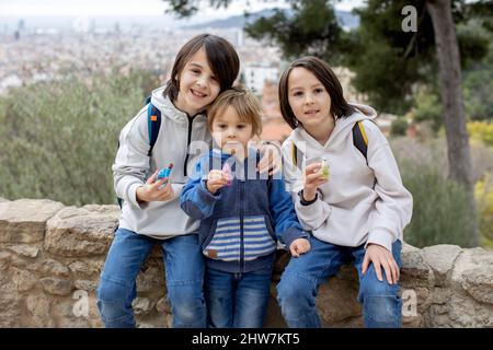 Children, cute boys, playing with ceramic clay whistle in the form of bird, souvenir from park Guell in Barcelona, Spain Stock Photo