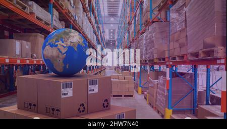 Image of statistics processing over globe and cardboard boxes in warehouse Stock Photo