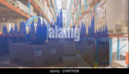 Image of statistics processing over globe and cardboard boxes in warehouse Stock Photo