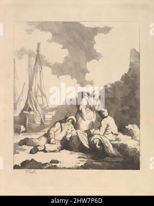 Art inspired by Fishermen by the Shore – Coastal Scene with a Man Sitting on the Ground Resting an Elbow on a Fishing Basket, Another Man Opposite Mending a Sail, and a Woman Standing Between Them Carrying a Basket on Her Back, 1786, Etching, Plate: 12 7/8 x 9 7/8 in. (32.7 x 25.1 cm, Classic works modernized by Artotop with a splash of modernity. Shapes, color and value, eye-catching visual impact on art. Emotions through freedom of artworks in a contemporary way. A timeless message pursuing a wildly creative new direction. Artists turning to the digital medium and creating the Artotop NFT Stock Photo