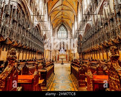 The Quire within Chester Cathedral, the Quire is where the choir stalls are. Stock Photo