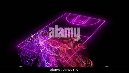 Image of purple neon basketball court and pink particles Stock Photo